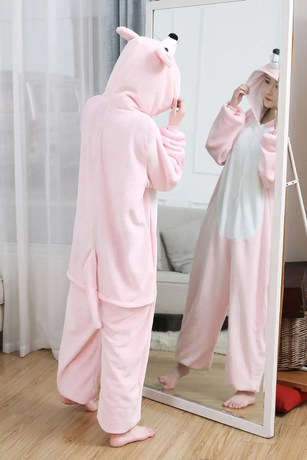 Розовый комбинезон с мышкой для взрослых и женщин Пижама животными фланелевая