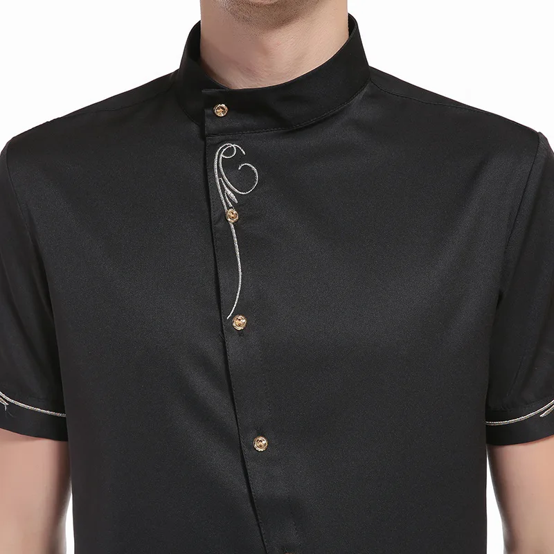 

2021 Summer Men Shirts Oblique Placket Vintage Embroidery Short Sleeve Slim Shirt Streetwear Social Casual Tops Camisa Masculina