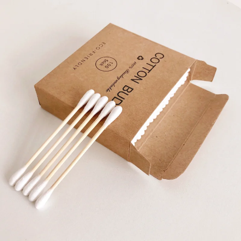 100Pcs Пластик- 100 шт./кор. двойной головкой из бамбуковых волокон, бутоны взрослых Макияж ватным тампоном деревянные палочки для носа, чистка ушей, средство для ухода за полостью - Цвет: 100Pcs