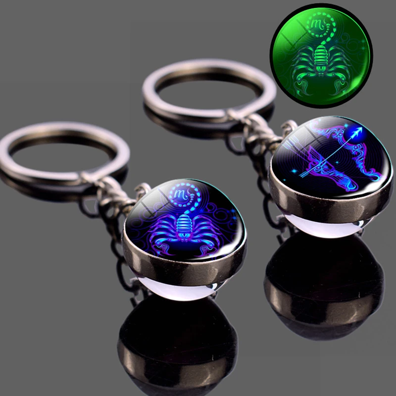 

12 Constellation Luminous Keychain Glass Ball Pendant Zodiac Keychain Glow In The Dark Key Chain Holder Men Women Birthday Gift