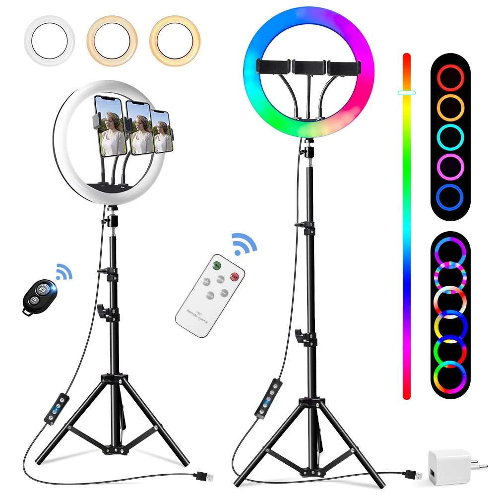 

12 Inch Ring Light 45 RGB Colors Adjustable 30cm Ring Led Lamp USB Charge Selfie 3 Phone Holders Video Lighting Studio Kit