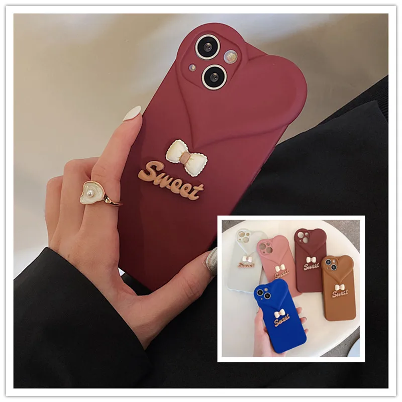

3D Cute Cartoon Bowknot TPU Matte Soft Shell Heart-shaped Protective Cover Phone Case For iPhone 13 12 11 Pro XS MAX XR 8 7 Plus