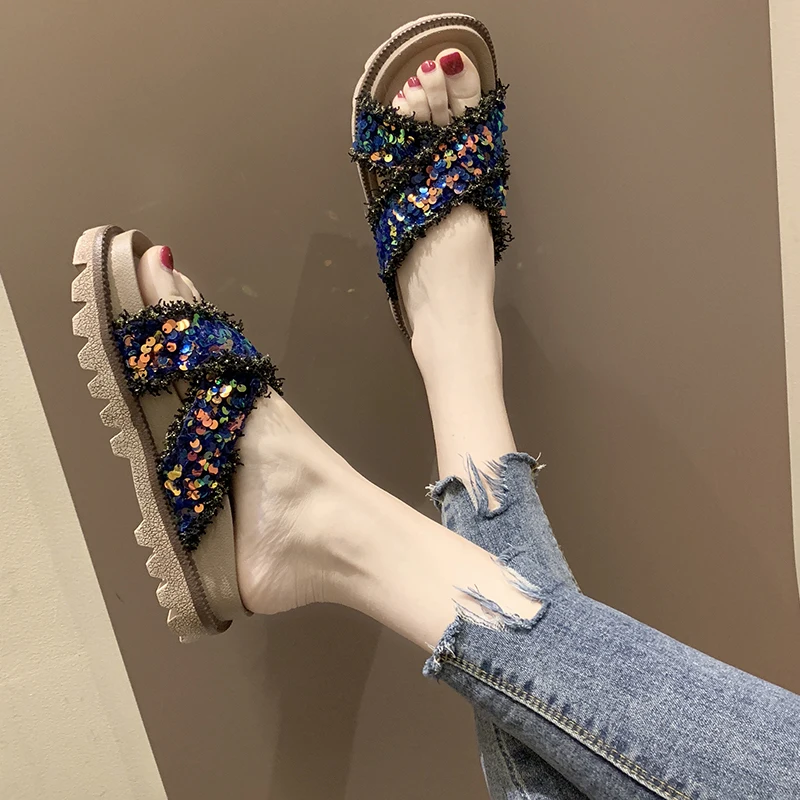 Rimocy/роскошные босоножки с блестками Цвет синий серебристый Женские модные