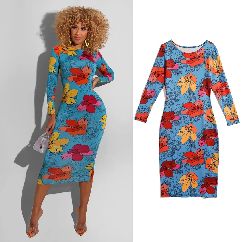 

African Print Dresses Party New Fashion Clothes Retro Sexy Ethnic Bag Hip Printed Crew Neck Long Sleeve Midi Skirt for Women's