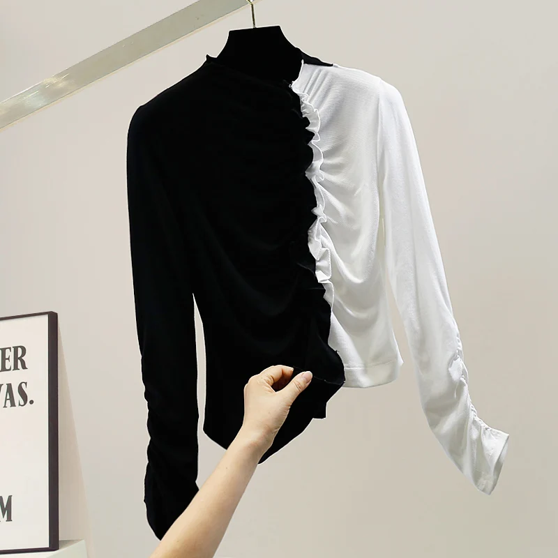 

SuperAen New Black-and-white Contrast Fold Wood Ear Patchwork Pullover Full Knit Fashion Slim Jacket Tshirt Women