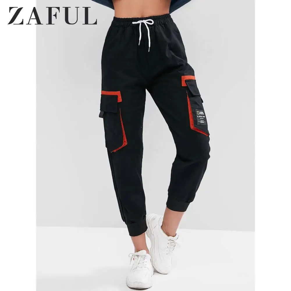 ZAFUL горячая Распродажа женские брюки карго с карманами высокая талия шнурок