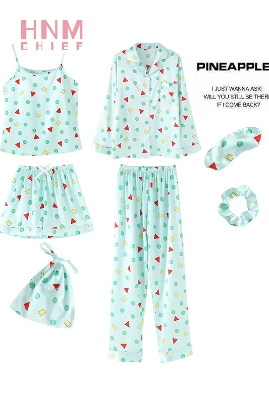 

ShinChan Pijama Summer Silk Pajama Set Women Satin Pajamas Vest+shorts+top+pant 7PCS Suit Casual Sleepwear Pyjama Free Shipping