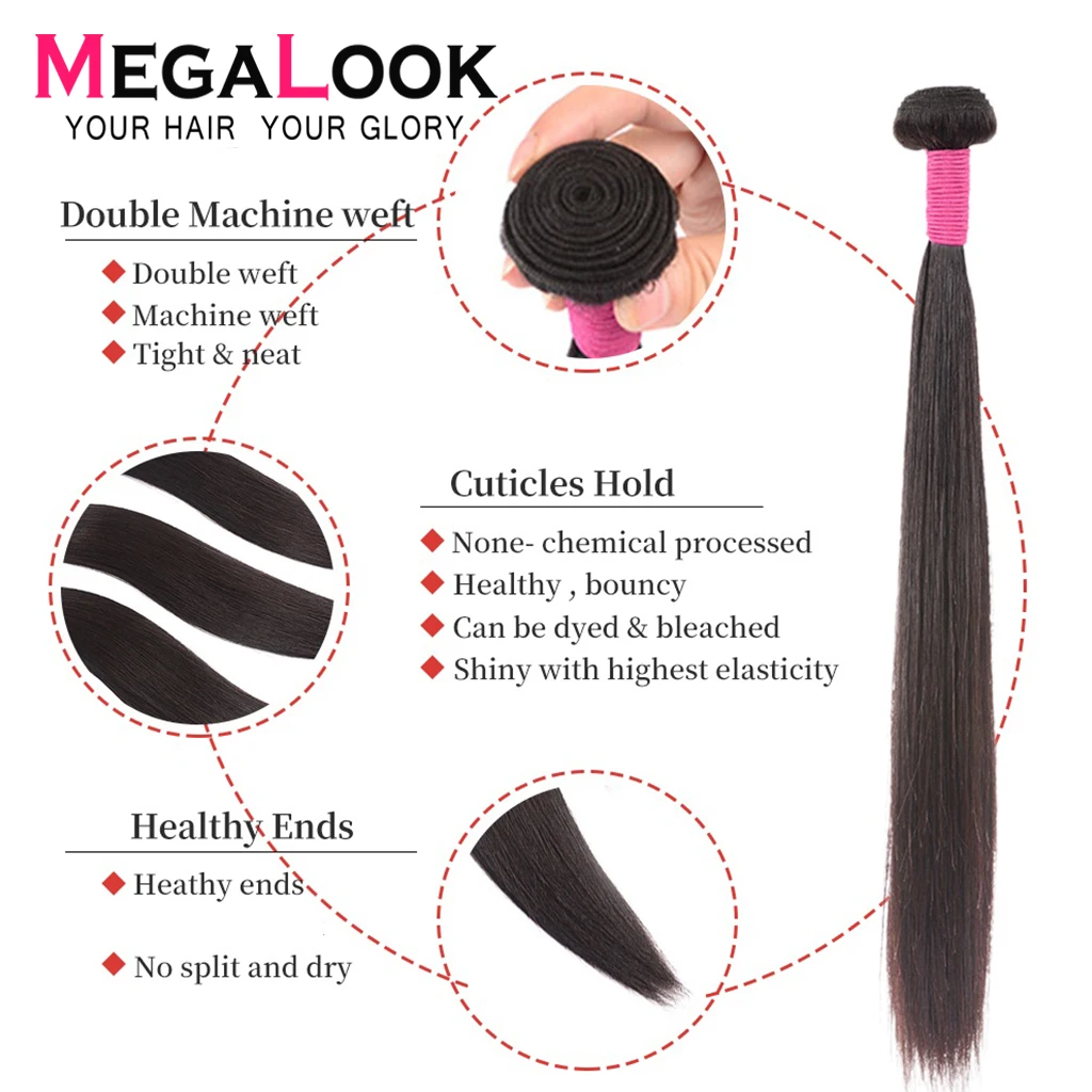 4 пучка с закрытием бразильские прямые волосы пучки 3 человеческие Remy Megalook |