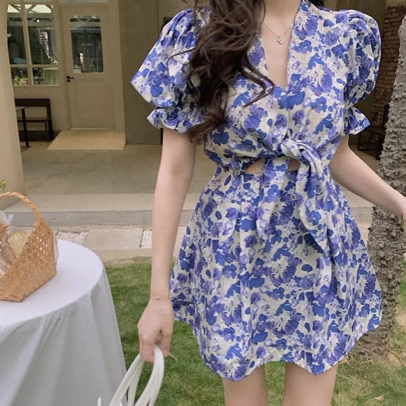 

Mini Dress Women Print V-Neck Sweet Design Elegant Stylish Summer Puff Sleeve Feminine Vestidos A-line Korean Version Prevalent