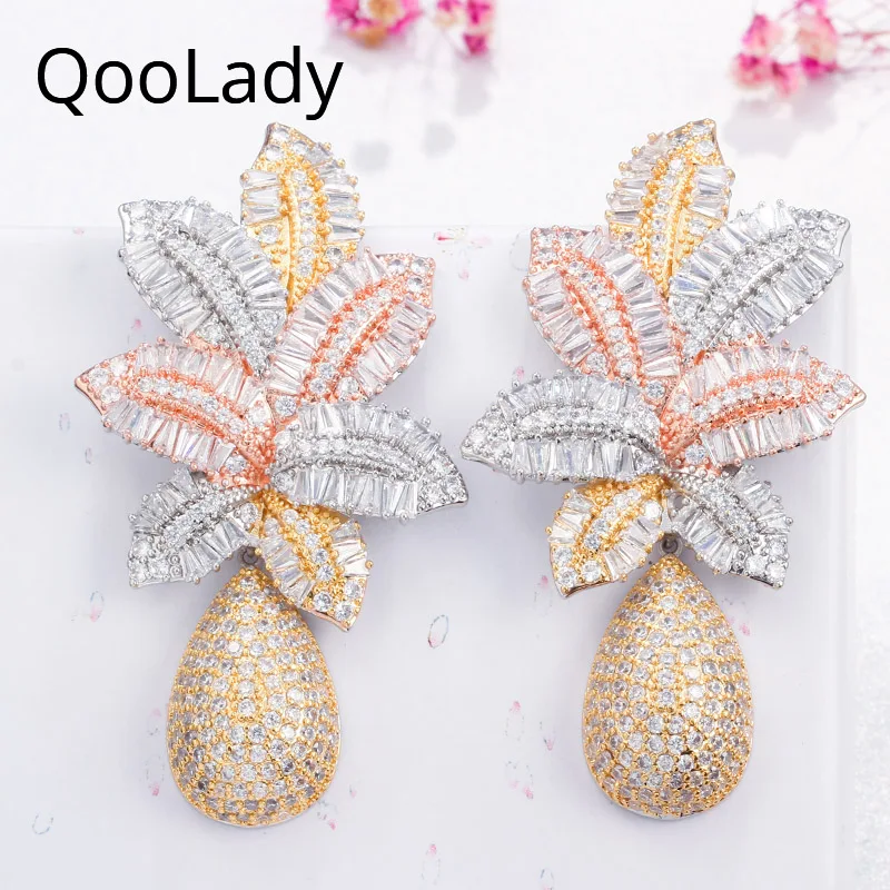 QooLady роскошные золотые 3 тона лист полный Micro Pave CZ себе Свадебные вечерние большие