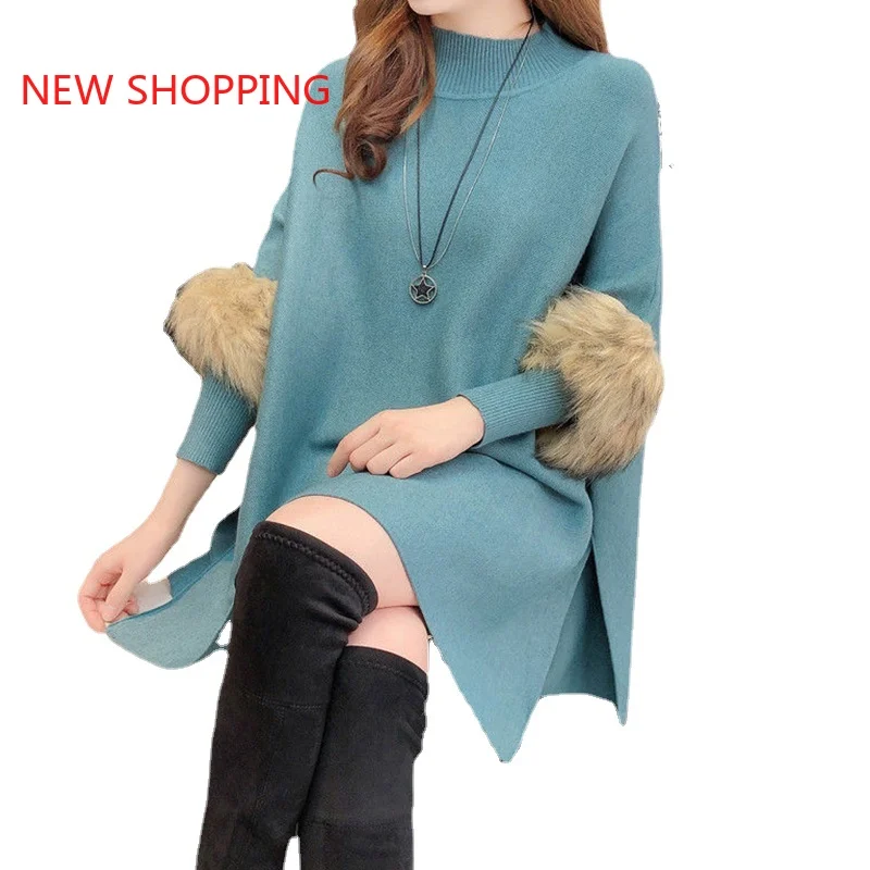 

Christmas Poncho Tops Red Autumn Winter New Thick Knitted Sweater Women's Cloak Shawl Bat Shirt Pullover High Neck Loose Sweater
