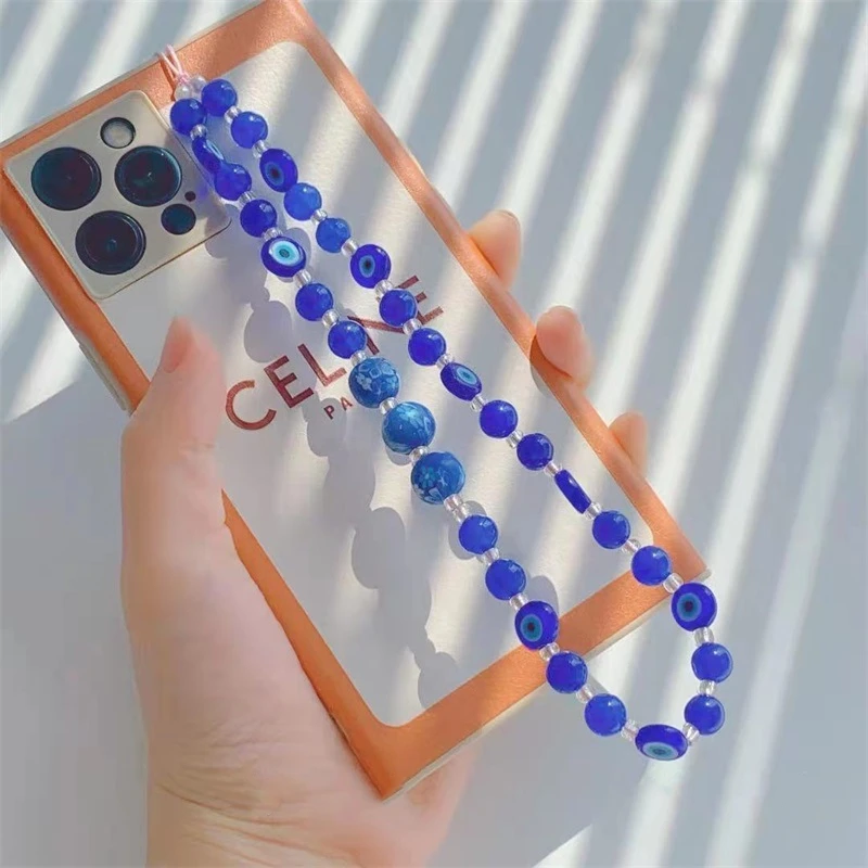 

Fashion Unique Devil's Eye Anti-Lost Lanyard For Women's Mobile Phone Blue Glaze Transparent Beads Telephone Chain Jewelry Gifts