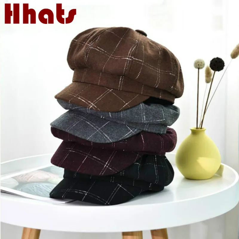 Винтажная клетчатая кепка газетчика Осень Зима Ретро восьмиугольная модная