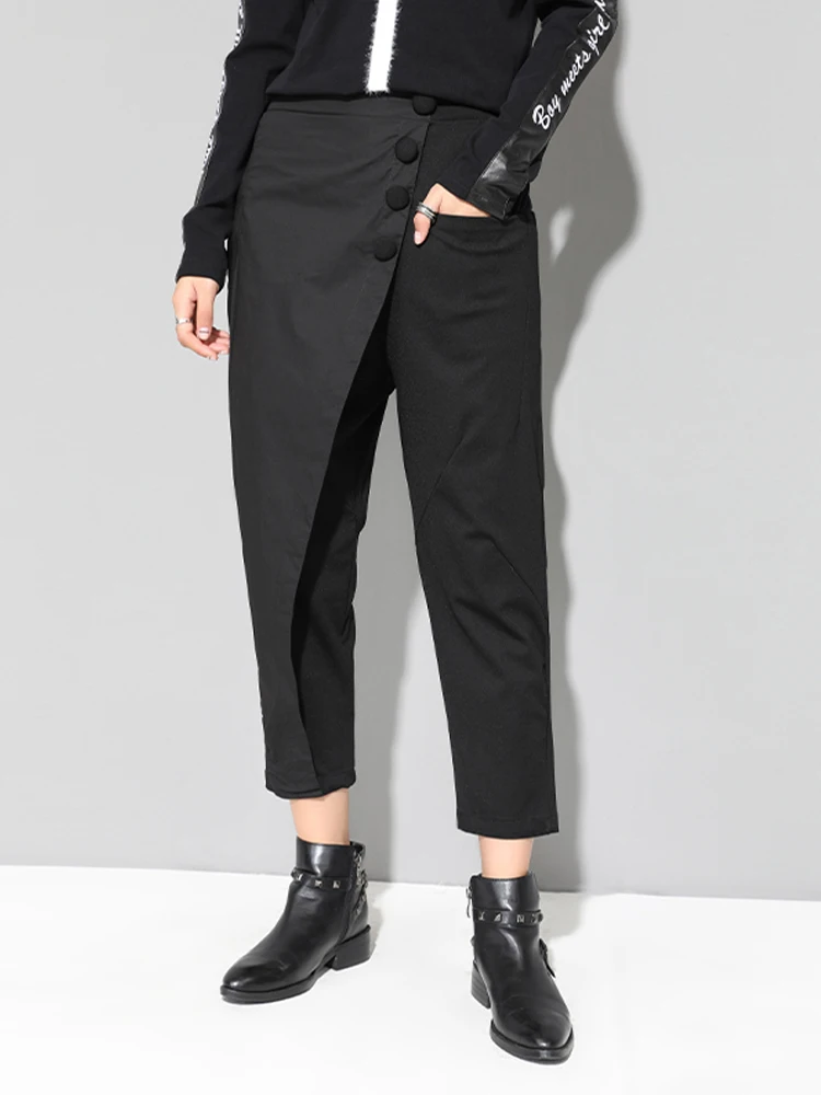 WQJGR Spring 2021 Streetwear Pants Women Button Fly Ankle Length Black Spliced Middle Elastic Waist Trousers | Женская одежда