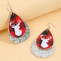 layered leather buffalo plaid christmas deer teardrop earrings for women fashion gold silver red glitter earrings wholesale
