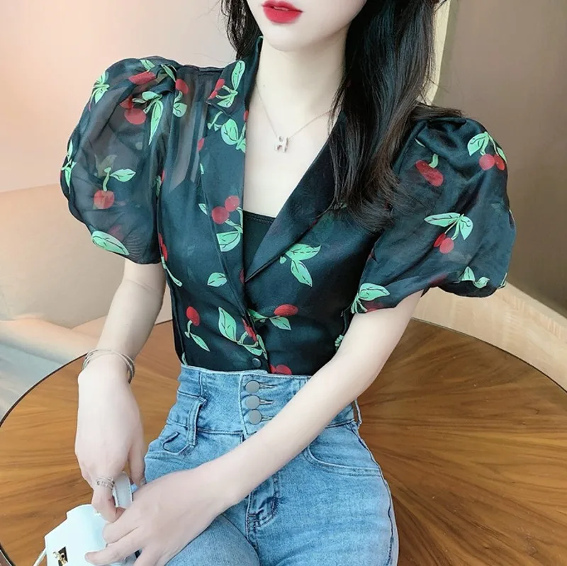

Женская рубашка с рукавами-фонариками, привлекательная рубашка в стиле ретро с принтом вишни, лето 2021