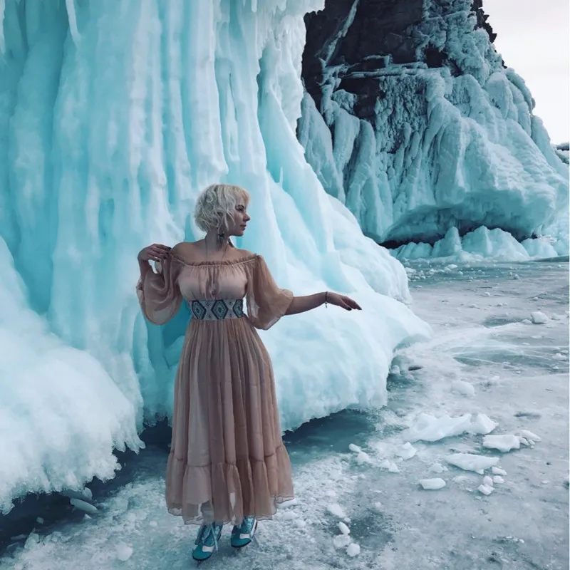 Женское шифоновое платье с открытыми плечами и длинным рукавом | Женская одежда