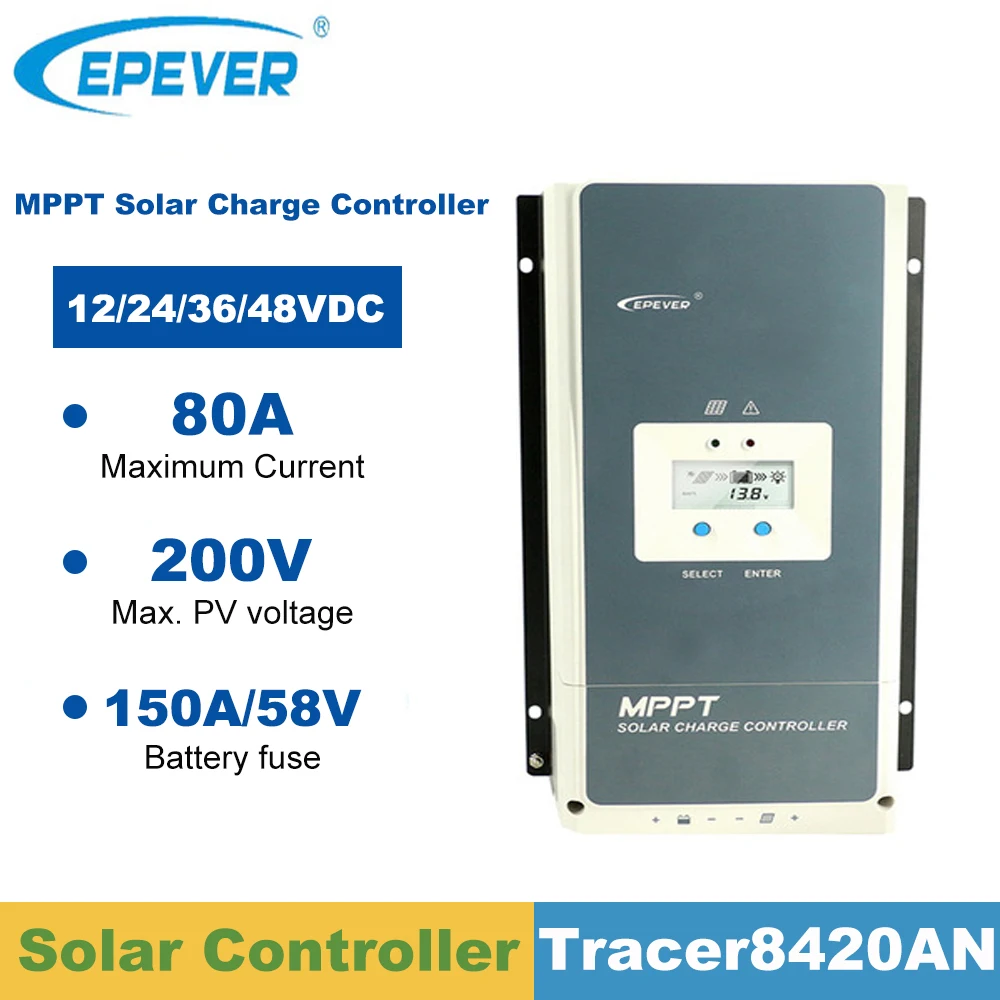 저렴한 EPever-MPPT 태양광 충전 컨트롤러, 80A 12V 24V 36V 48V 백라이트 LCD 디스플레이 최대 200V PV 입력 공통 네거티브 접지 8420AN