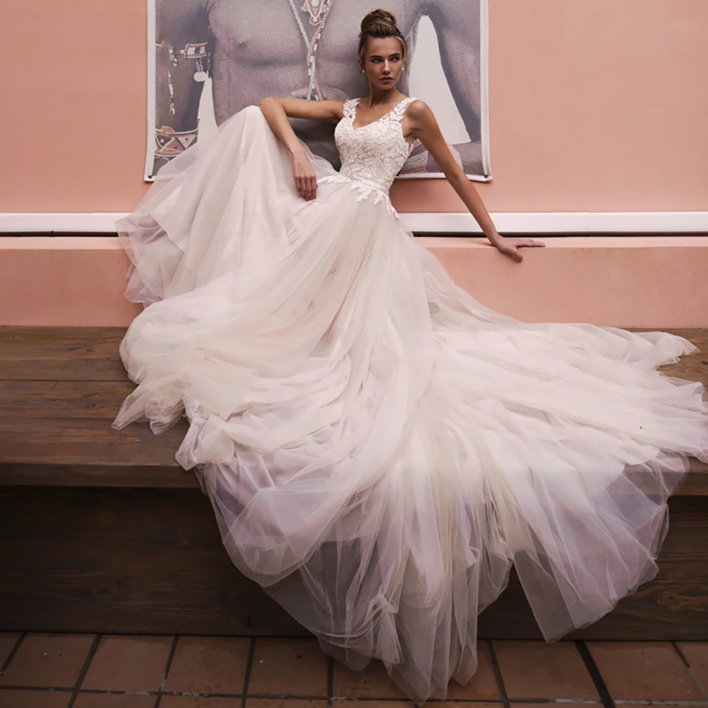 

Очаровательные свадебные платья с V-образным вырезом, открытой спиной, а-силуэт, аппликация, искусственное кружево, Тюлевое свадебное плать...