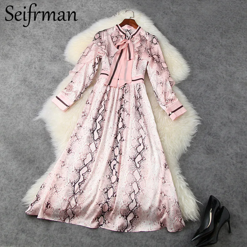 

Seifrmann New 2021 Spring Women Fashion Designer A-Line Dress Bow Ruffles Printed Ladies Elegant Slim Fit Midi Dresses Vestidos