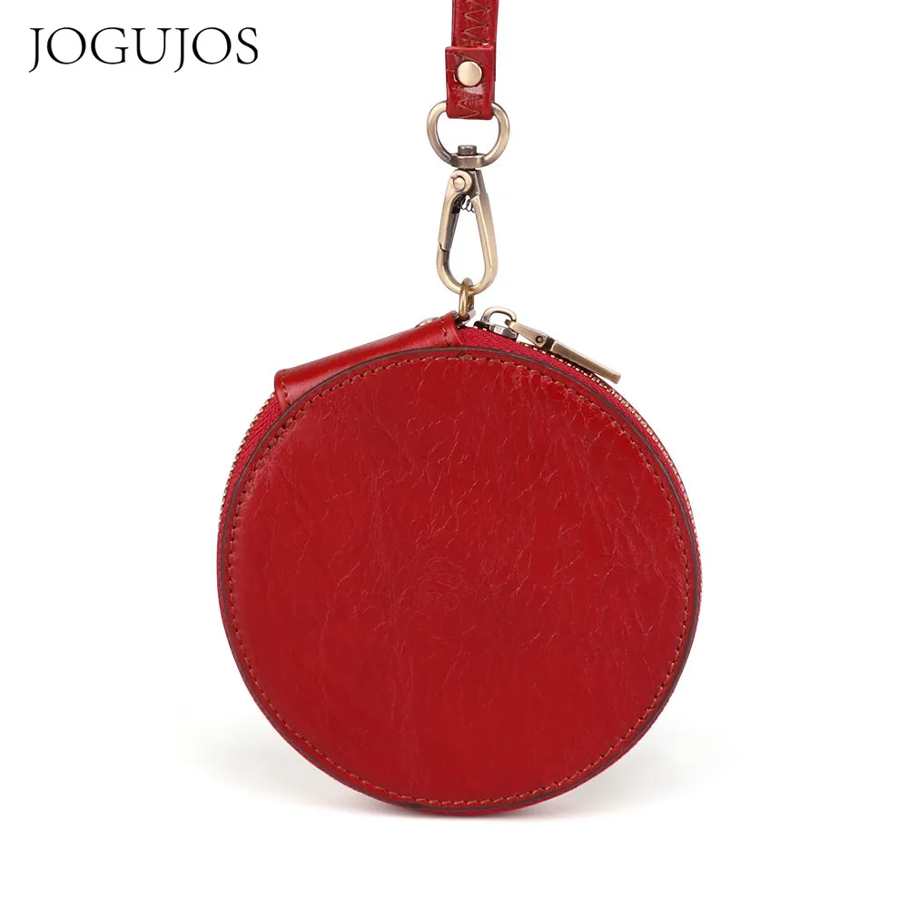 JOGUJOS Women RFID Round Coin Purse Genuine Leather New Mini Wallet Credit Card Holder Moneybag Red Unisex Simple Wristlets Bags