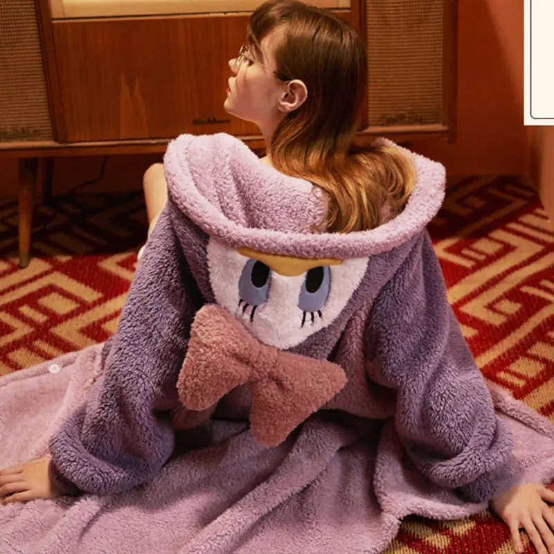 

AECU Pajamas Women Pink Bow Hooded Pajamas Coral Fleece Women Home Wear Winter Casual Cartoon Duck Pajamas Women Thick