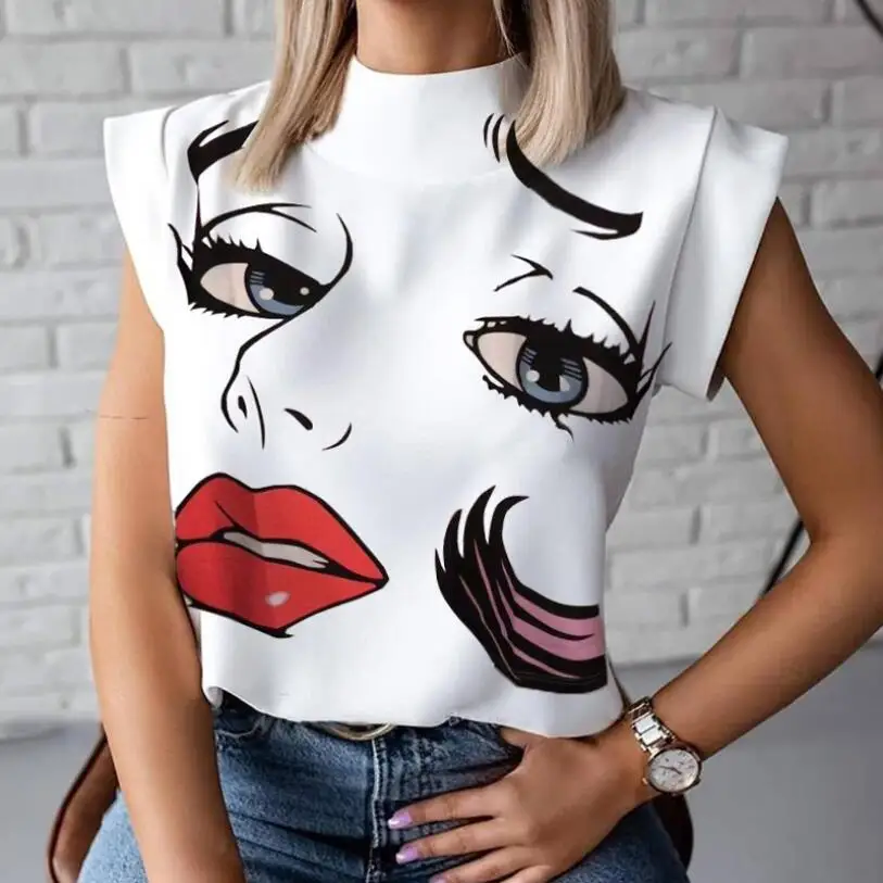 

Lip Print Womens Tshirts Summer Stand Neck Streetwear t shirts Lady 2021 New Slim Fashion White tshirt Female Top w2584