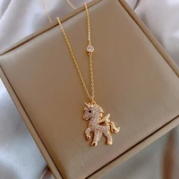 2021 new cute animal pendant necklace for women temperament rhinestone horse pearl letter clavicle chain girl party jewelry gift