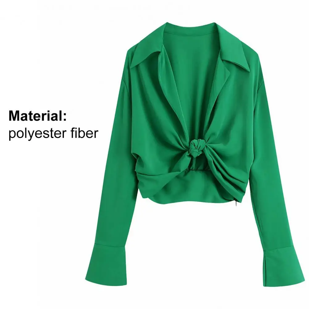 

Women Fashion Turn Down Collar Knotted Green Color Short Smock Blouse Female Long Sleeve Slim Shirt Chic Crop Top Casual Blouses