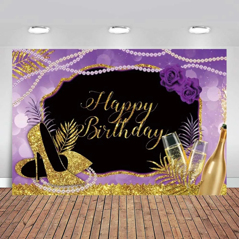 Women Happy Birthday Backgrounds Photography Glittering Pearl Necklace Gold High-Heeled Shoes Champagne Purple Backdrop