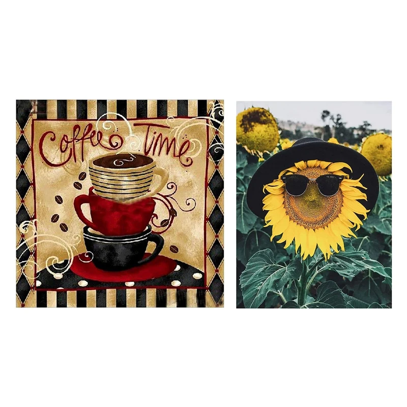 

2Set Round Diamond Full Diamond Diamond Painting Set Living Room Decoration, Sunglasses Sunflower & Coffee Cups