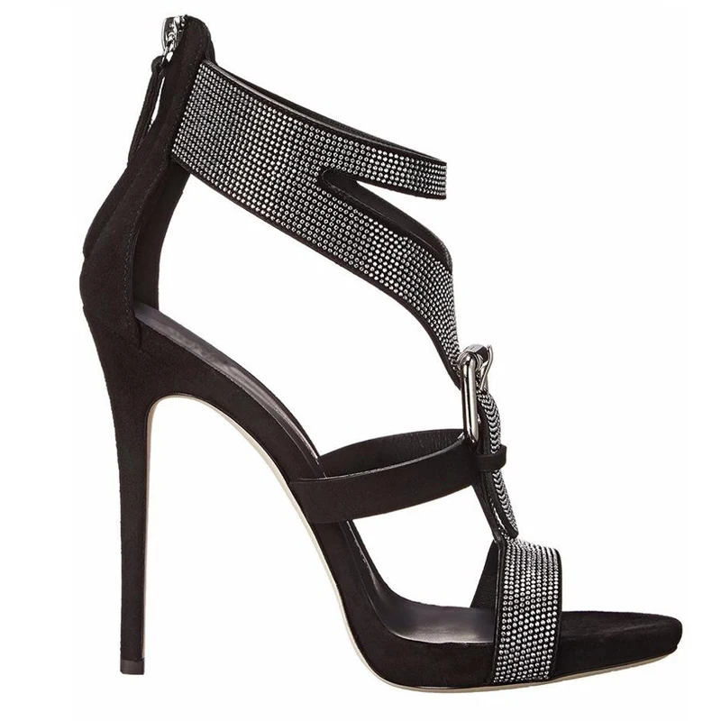 

ENMAYLA Zip PU Sexy Platform Sandals Cover Heel Basic Sequined Cloth Stripper Shoes Crystal Solid Thin Heels Shoes Woman 34-43