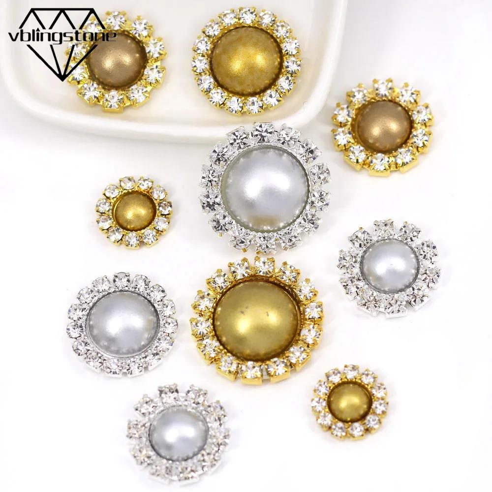 10 шт. Золотая Серебряная жемчужина пуговицы с плоской задней частью стразы для