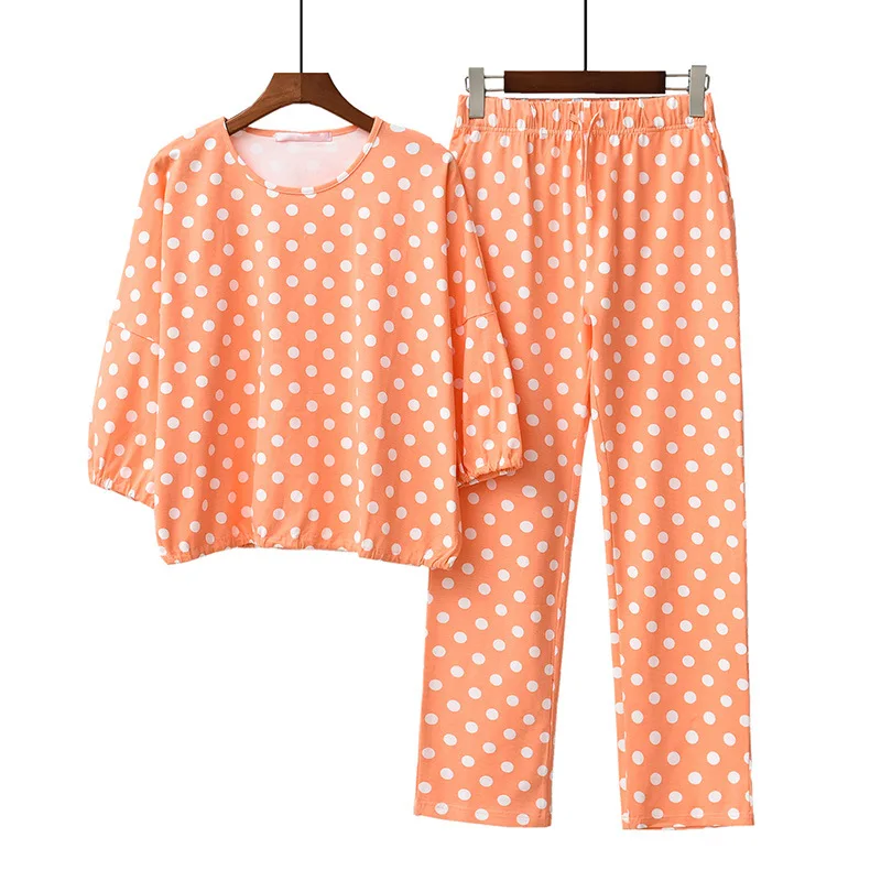

Spring Pink 100% Cotton Pajamas Cute Polka Dot Sleeve Loose Casual Homewear Suit Women Lounge Negligee Pajamas Nighties