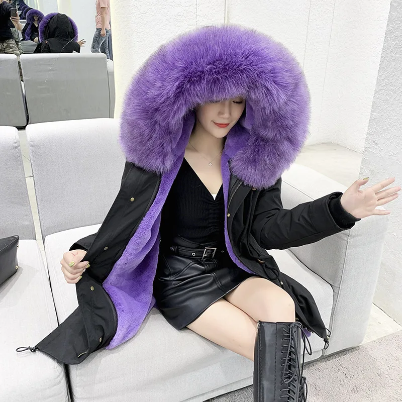 black with purple fu Новинка года; модное зимнее пальто с мехом для женщин и девочек парка с капюшоном из искусственного кроличьего меха утепленная верхняя одежда - Цвет: black with purple fu