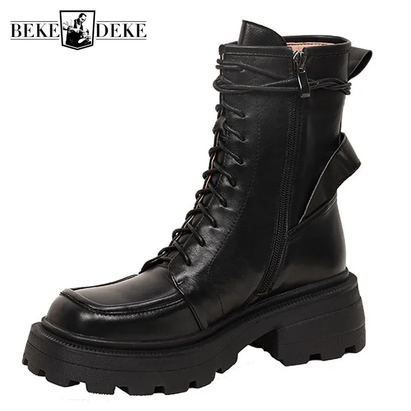 

Ботильоны женские на платформе и толстом каблуке, мотоциклетные полусапожки в стиле панк, на шнуровке, с квадратным носком, из натуральной к...