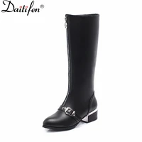 daitifen women concise leisure knight boots with belt fastener side zipper middle square heels knee high winter with fur boots