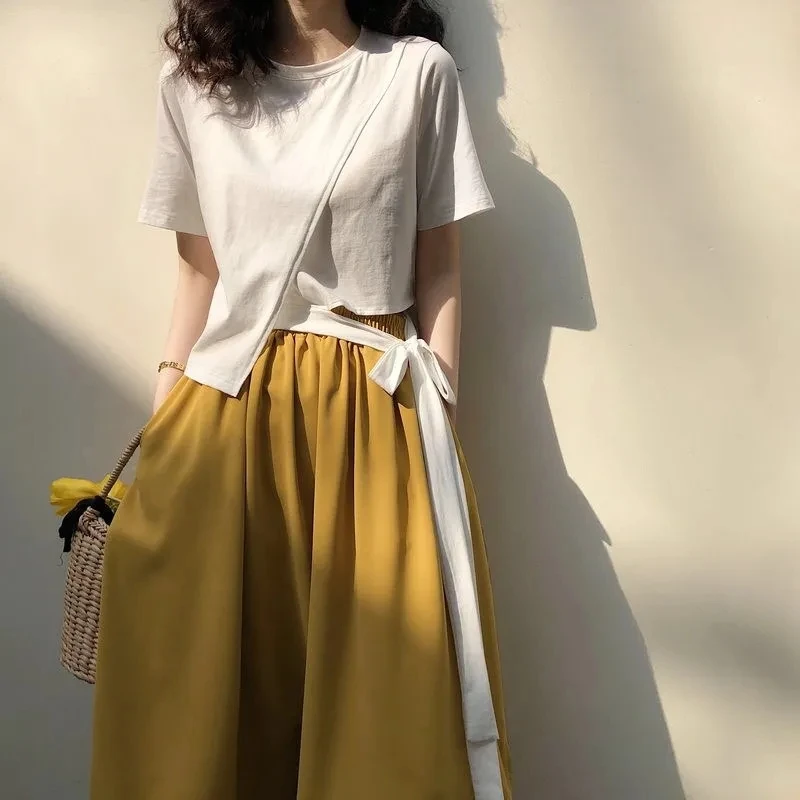 

2021 New Short Sleeve T-shirt Women's Irregular Bandage Short Top Summer