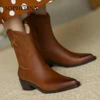 sophitina pointed womens boots leather stitching thick heel shoes non slip wear resistant slip on short tube female shoes wo619