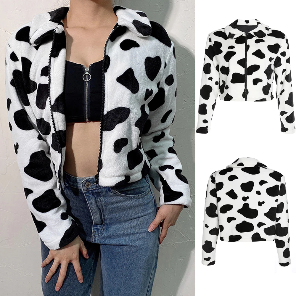

Fashion Women Winters Jacket Unique Print Fluffy Coat Turn-Down Collar Zipper Warm Casual Short Coat Comfortable Jacket