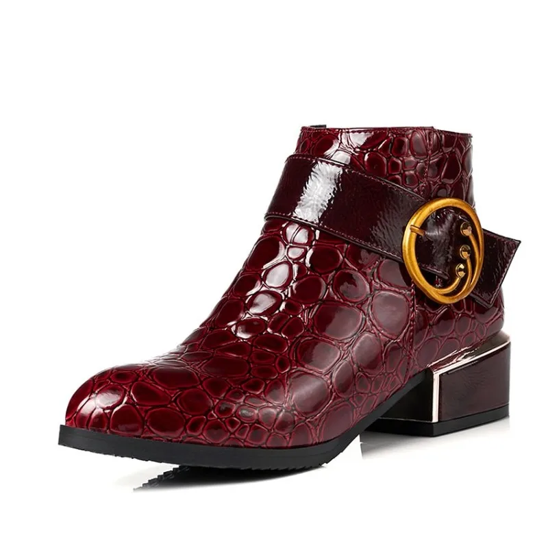 Ботинки женские из лакированной кожи на среднем каблуке с круглым носком | Обувь