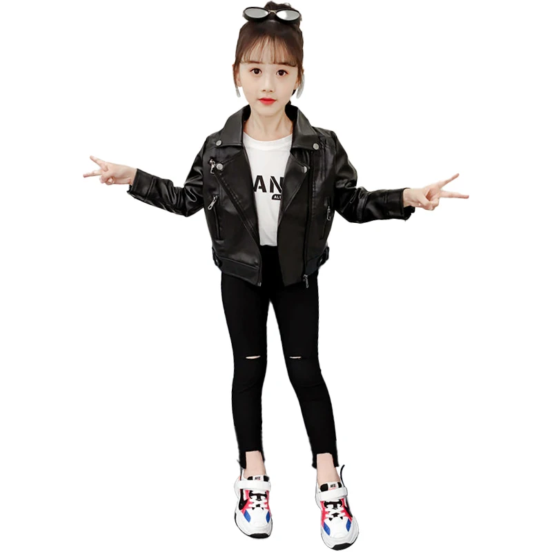 

Girls' Newest Leather Jacket 2021 PU Overwear Kids Diagonal Pocket Children Coats Formal Spring Autumn Winter Red Black Pink