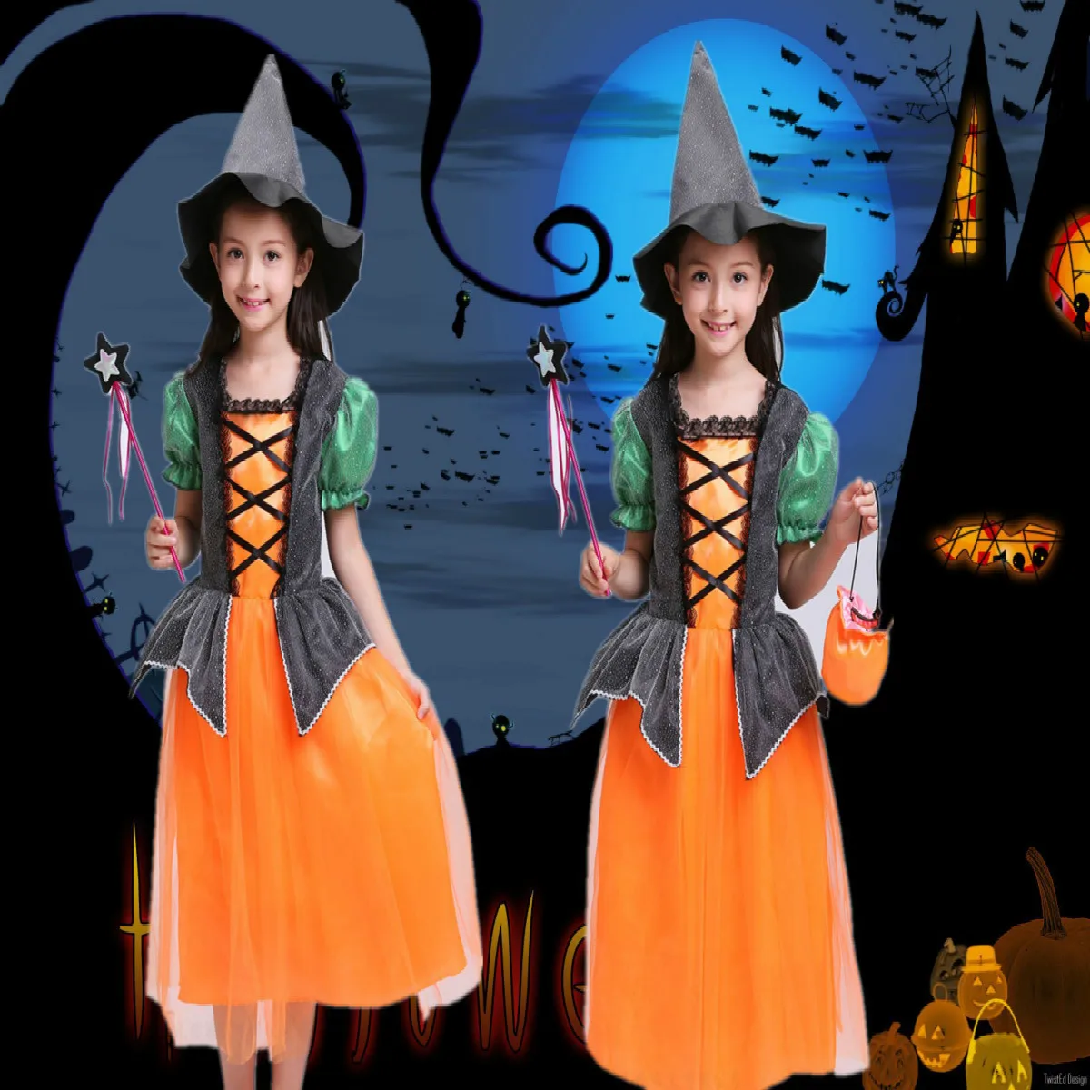 На Хеллоуин для девочек Платье с тыквами костюм танцев и сцены + головной убор