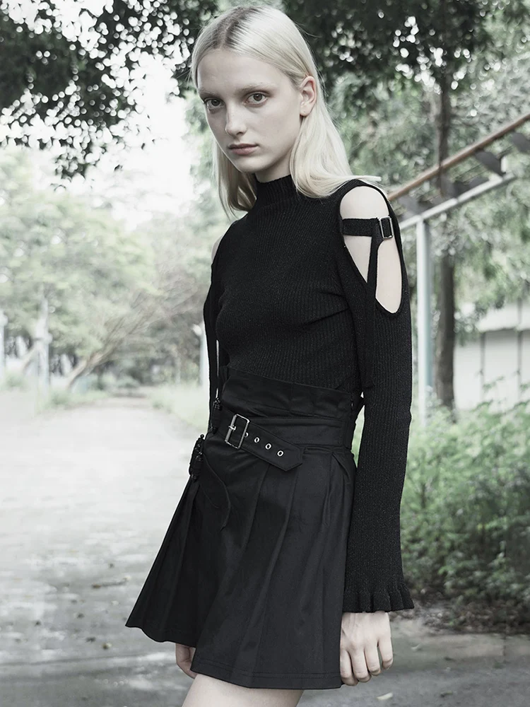 Панк рейв Женская стимпанк Высокая талия черная плиссированная юбка PQ-625