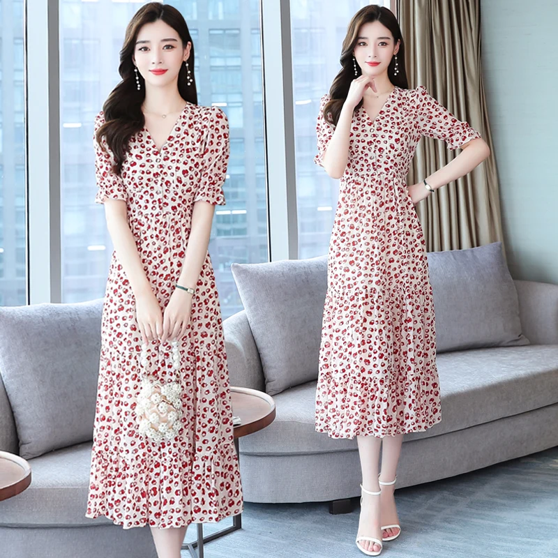

Summer new chiffon short-sleeved floral dress is slimming summer dress with ruffled temperament women