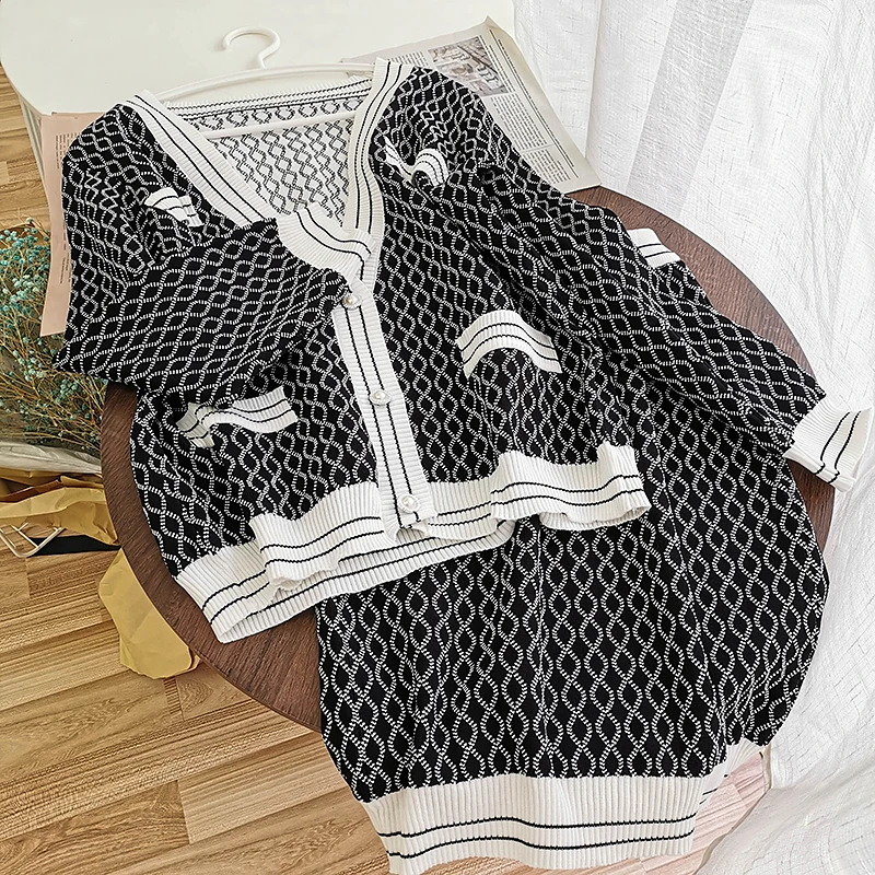 

Женский трикотажный костюм, кардиган на одной пуговице и юбка, элегантный вязаный костюм с юбкой, 2020