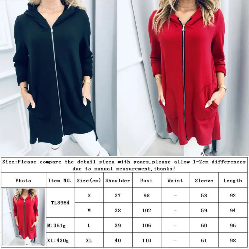 2019 Winter Women Plain Hoodie Fleece Sweatshirt Hooded Coat Sports Zip up Jacket Outwear Long Sleeve Black Red | Женская одежда