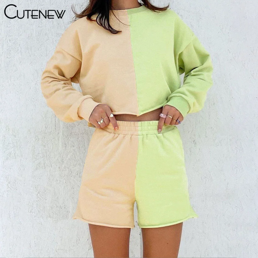 

Cutenew Fashion Slim Patchwork Two Piece Set Women Outfits Simplicity Loose Long Sleeve O-Neck Top+Shorts Lady Casual Streetwear