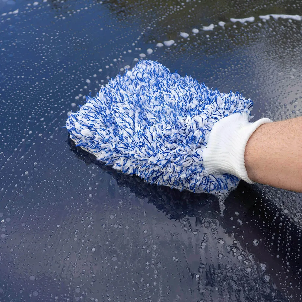 

Blue + White Car Wash Gloves Cleaning Sponge High Quality Microfiber Mitt Premium Soft 2 Pcs
