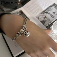 foxanry 925 sterling silver bracelet for women jewelry new trendy vintage couples cute smiley bell thick chain accessories gifts